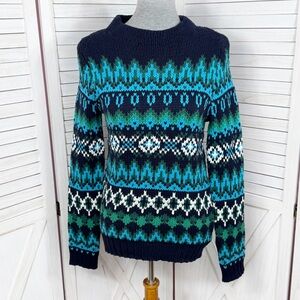 Talbots Chamonix Fair Isle Crewneck Chunky Cotton Sweater Navy Blue Teal XS